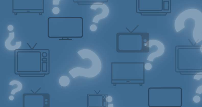 Background of multiple TVs surrounded by question marks